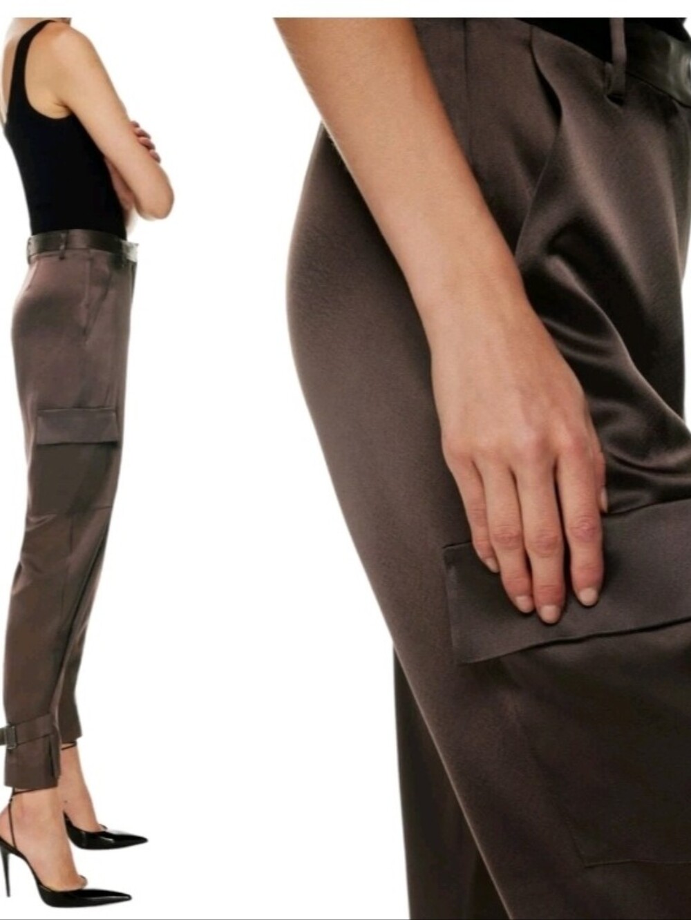 Aritzia Babaton Refined Satin Cargo Pant In Coffee Bean Limited Edition Size 14 - Picture 2 of 4